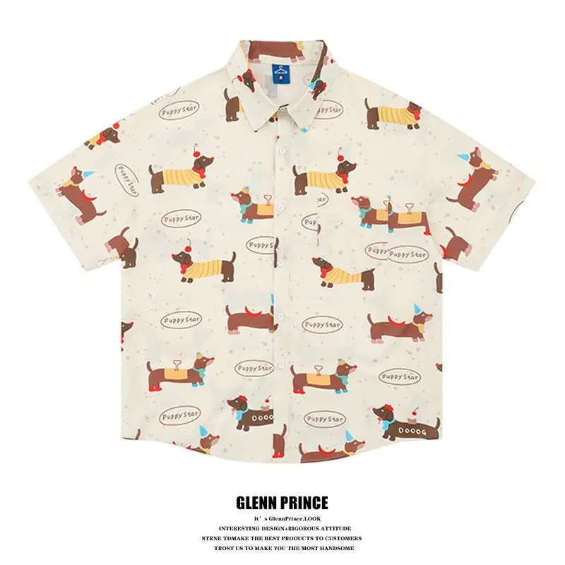 BEIANJI men clothing American retro dachshund full print short-sleeved shirt men's summer vacation casual lazy wind flower shirt