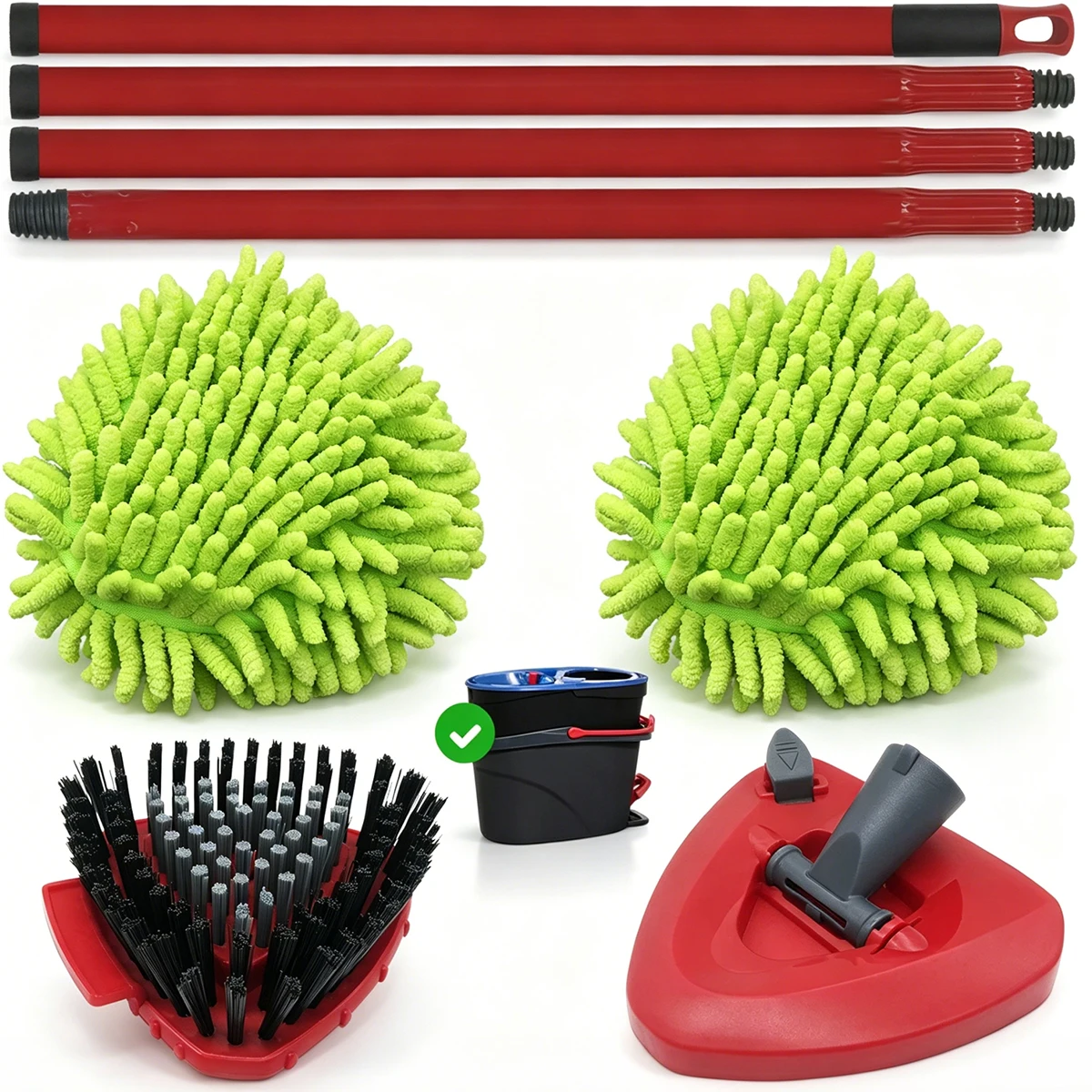 4/5-Piece Mop Set Fits O-Cedar & Vileda Spin Mop, Extend Handle, Tri Base, 2 Washable Chenille Heads & Scrub Brush