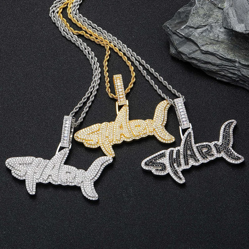 Hip Hop 3A+ CZ Stone Paved Bling Iced Out Shark Letters Pendants Necklace for Men Rapper Jewelry Gold Silver Color Gift