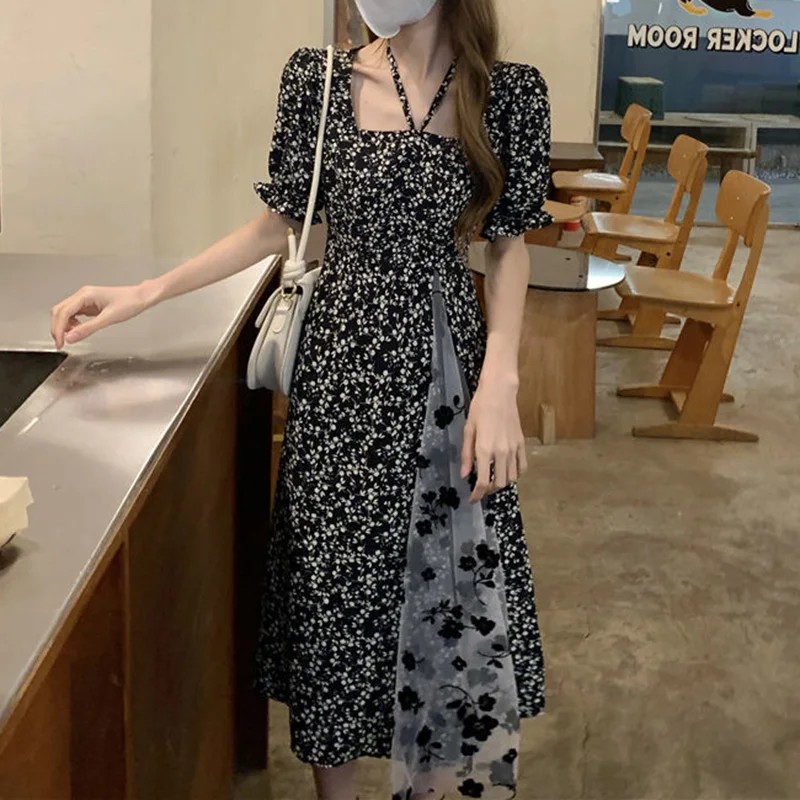 

Stylish Loose Printed Spliced Gauze Folds Ruffles Midi Dress Female Clothing 2023 Summer New Short Sleeve Korean Floral Dress