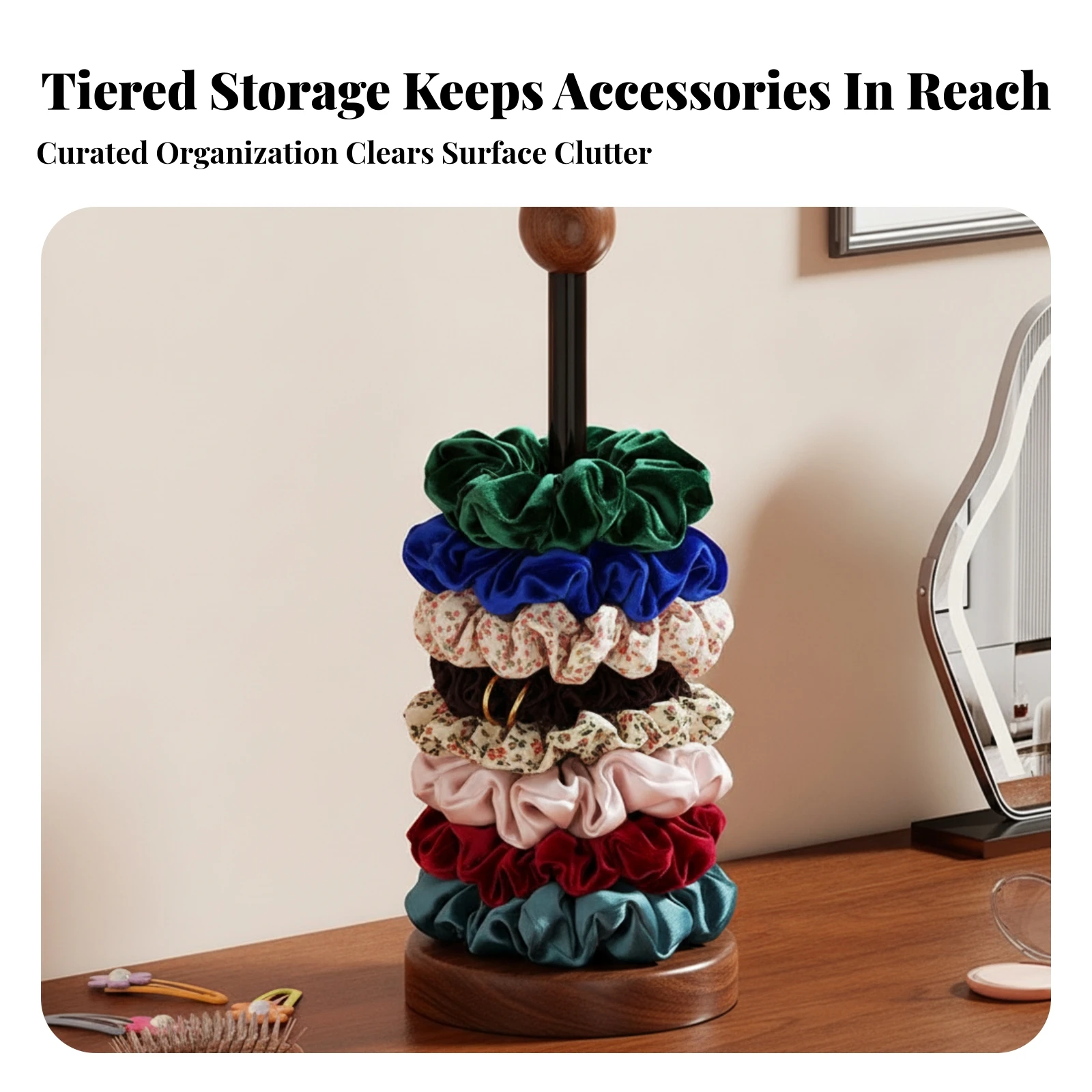 Hair Accessory Stand with Wooden Base Upright Scrunchie Holder Scrunchie Post Vertical Headband Holder Modern for Girls, Vanity