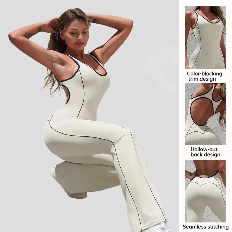 Body da yoga senza cuciture per donna Tuta sexy senza schienale color block e pantaloni svasati con sollevamento del bottino Set da allenamento per palestra con sensazione nuda