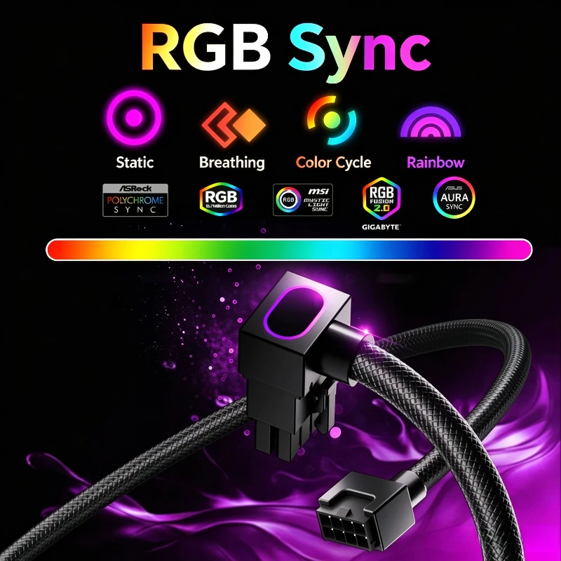 5V 3Pin Motherboard ARGB Extension Cable, CPU 8PIN Interface, 90° Right Angle Male-to-Female Connectors, 18AWG PC Modding Wire