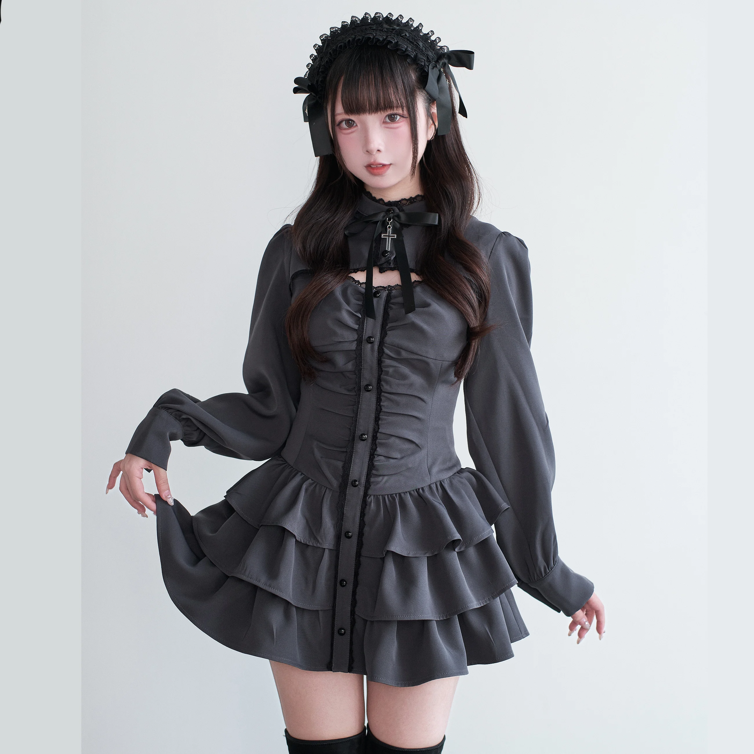 Original japonês minas estilo subcultura produzido em massa gola manga longa único breasted vestido shorts conjunto de duas peças feminino