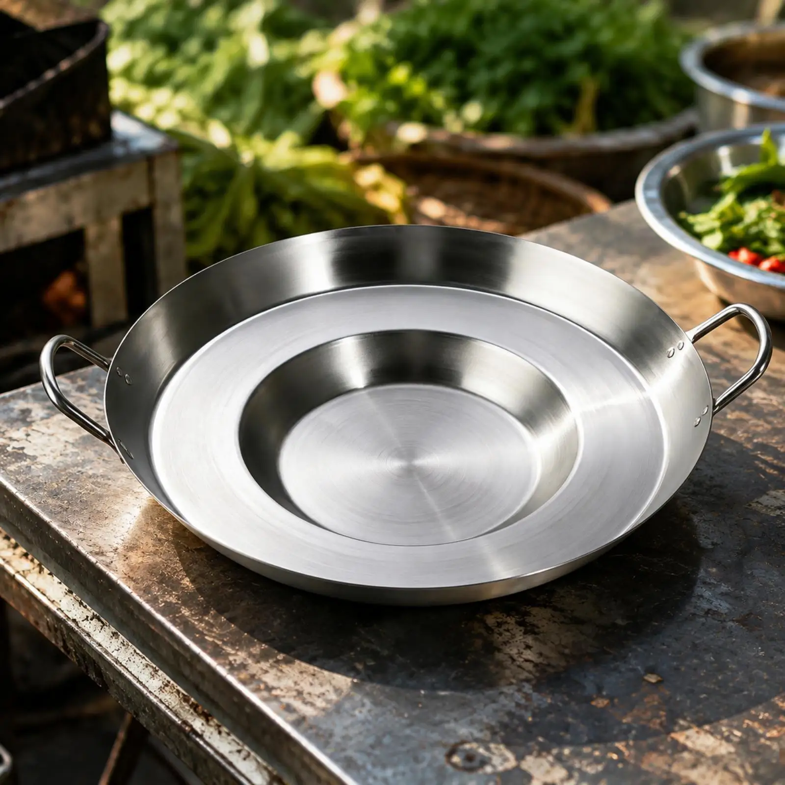 Uncoated Round Grill Frying Pan 201 Stainless Steel for Searing Meat Frying Vegetables for Induction Gas Stove