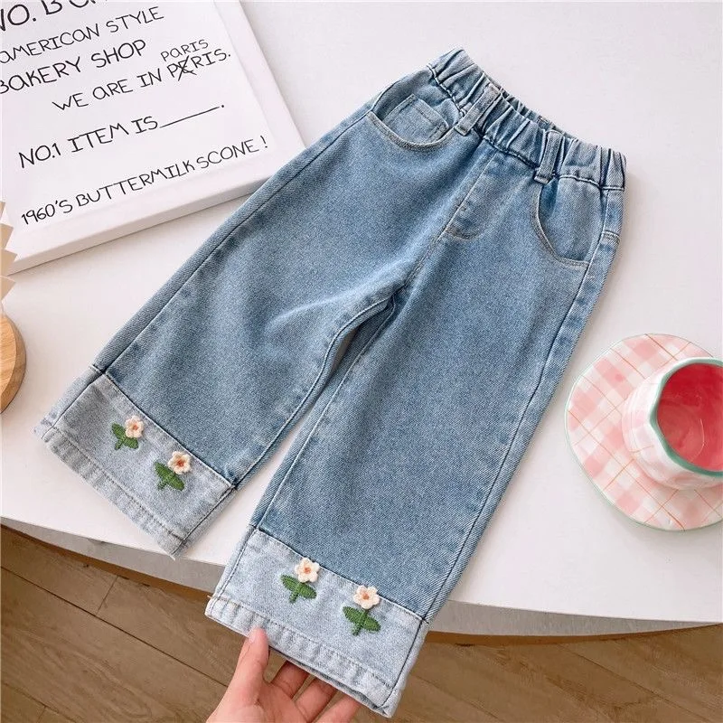 Newborn Fashion Baby Girl Cotton Floral Embroidery Wide Leg Jean Pant Infant Toddler Child Denim Trousers Baby Clothes 12M-10Y