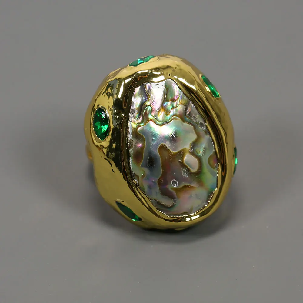 GG Natural Multi Color Green Abalone Shell Crystal Paved Gold Edge Plated Ring Handmade Women Party Jewelry