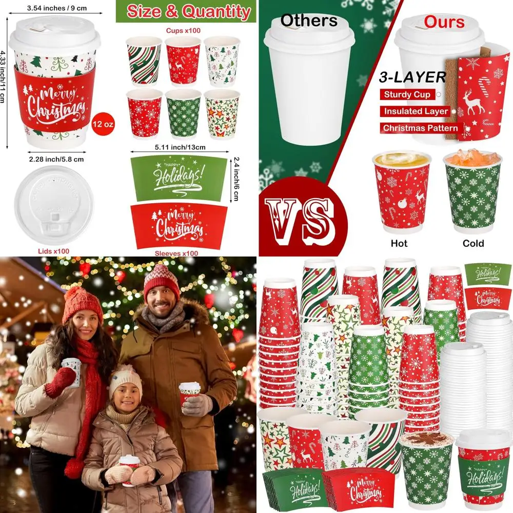 

12 oz Christmas Disposable Cups with Lids and Sleeves - Extra Thick Insulated Paper Cups for Hot and Cold Drinks, Perfect for Xm