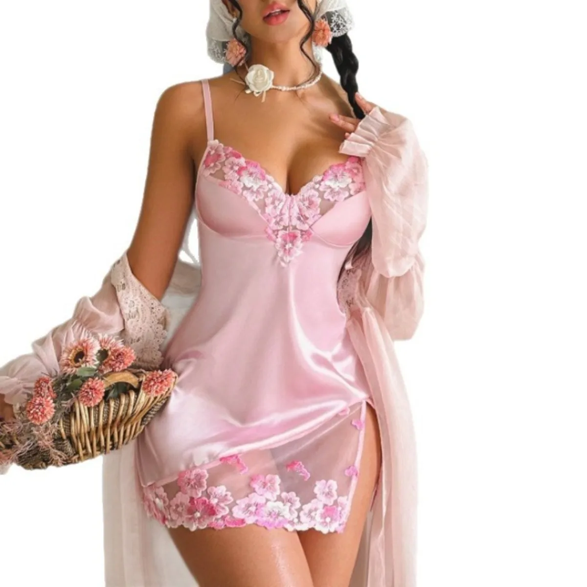 Sensual Vestido Lencero Rosa con Bordado Floral y Bata a Juego, Preciosa Ropa Íntima para el Hogar, Prendas Cómodas para Mujer