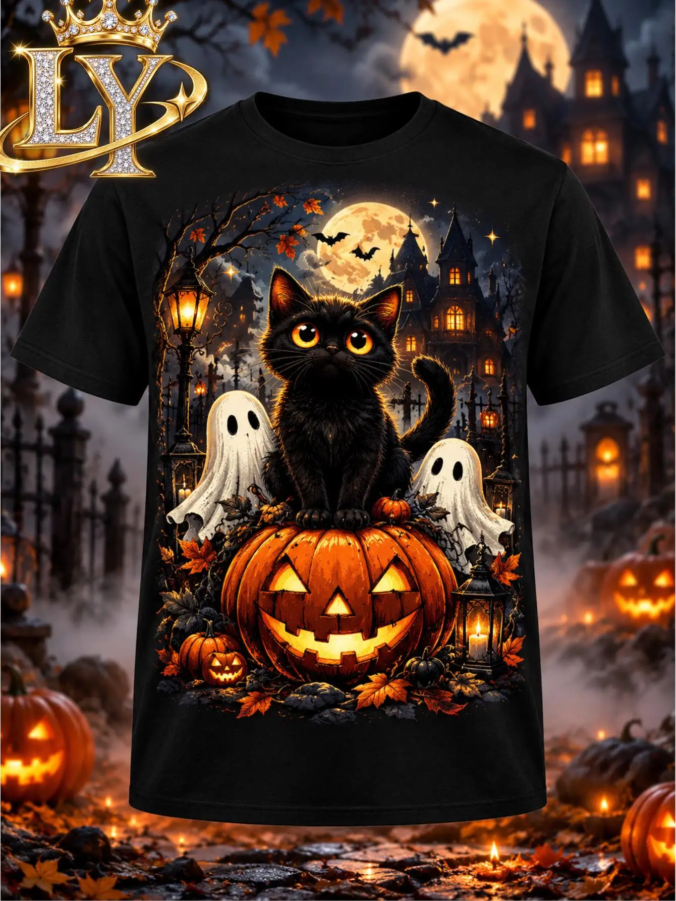 Unisex T-Shirt Halloween Black Cat Graphic Tee Pumpkin Ghost Moon Design Spooky Fall Casual Short Sleeve Shirt