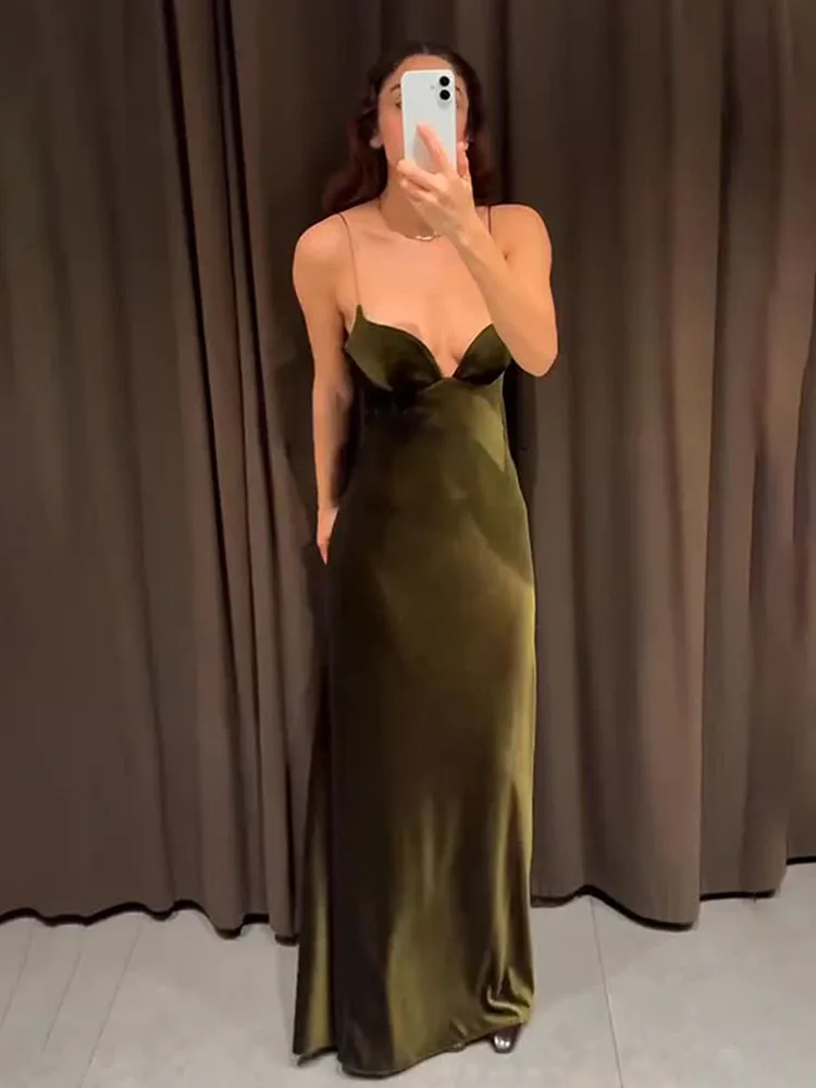 HH-vestido largo de terciopelo con tirantes para mujer, novedad de verano 2026, moda con cuello en V, Sexy, versátil, elegante, sin espalda, hasta el tobillo