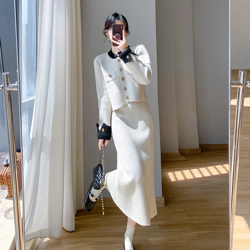 UNXX in Stock: Autumn/winter Elegant Knit Jacket Women Female Noble Lady Quality Slit Skirt Fashion Set High Quality Fashion