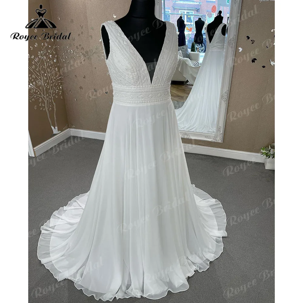 Robe Chic V Neck Boho Beach Lace Chiffon A Line Wedding Dress for Bridal 2024 Sleeveless Wedding Gown abiti sposa Roycebridal