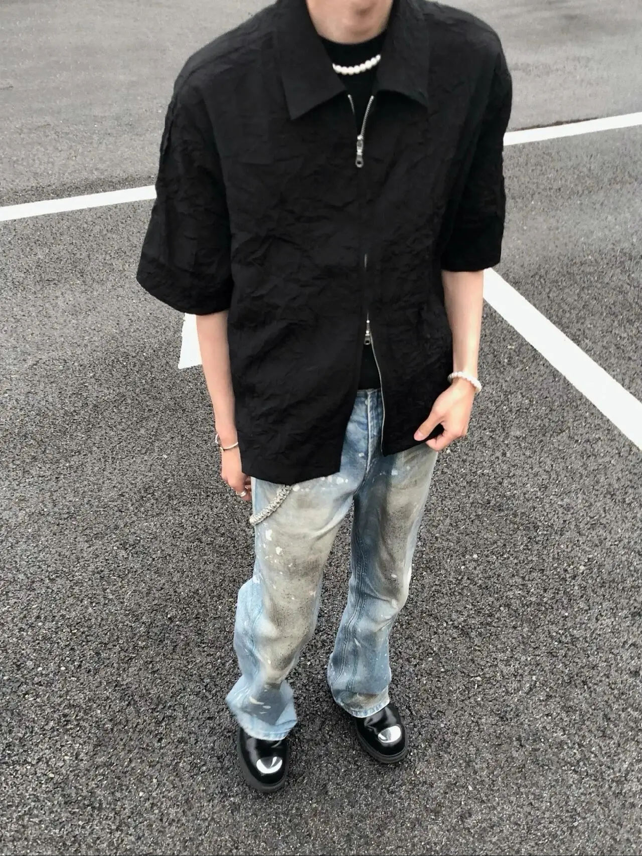 

Cleanfit Casual Bla плиссированный ort Sve irt мужской свободный крой универсальный летний стиль с двойной молнией свободный одинаковый стиль