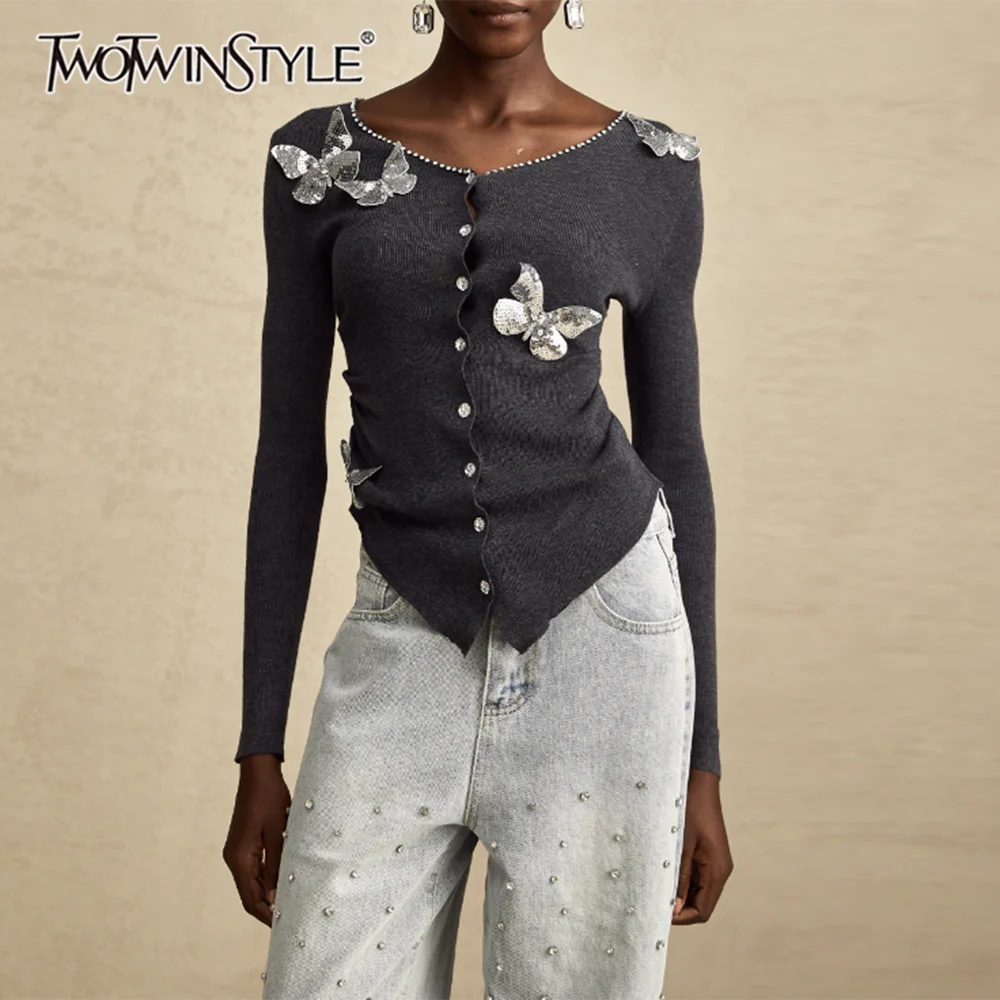

TWOTWINSTYLE утягивающие кардиганы с 3d блестками и бабочками для женщин, женский кардиган с круглым вырезом и длинными рукавами в стиле пэчворк с бриллиантами