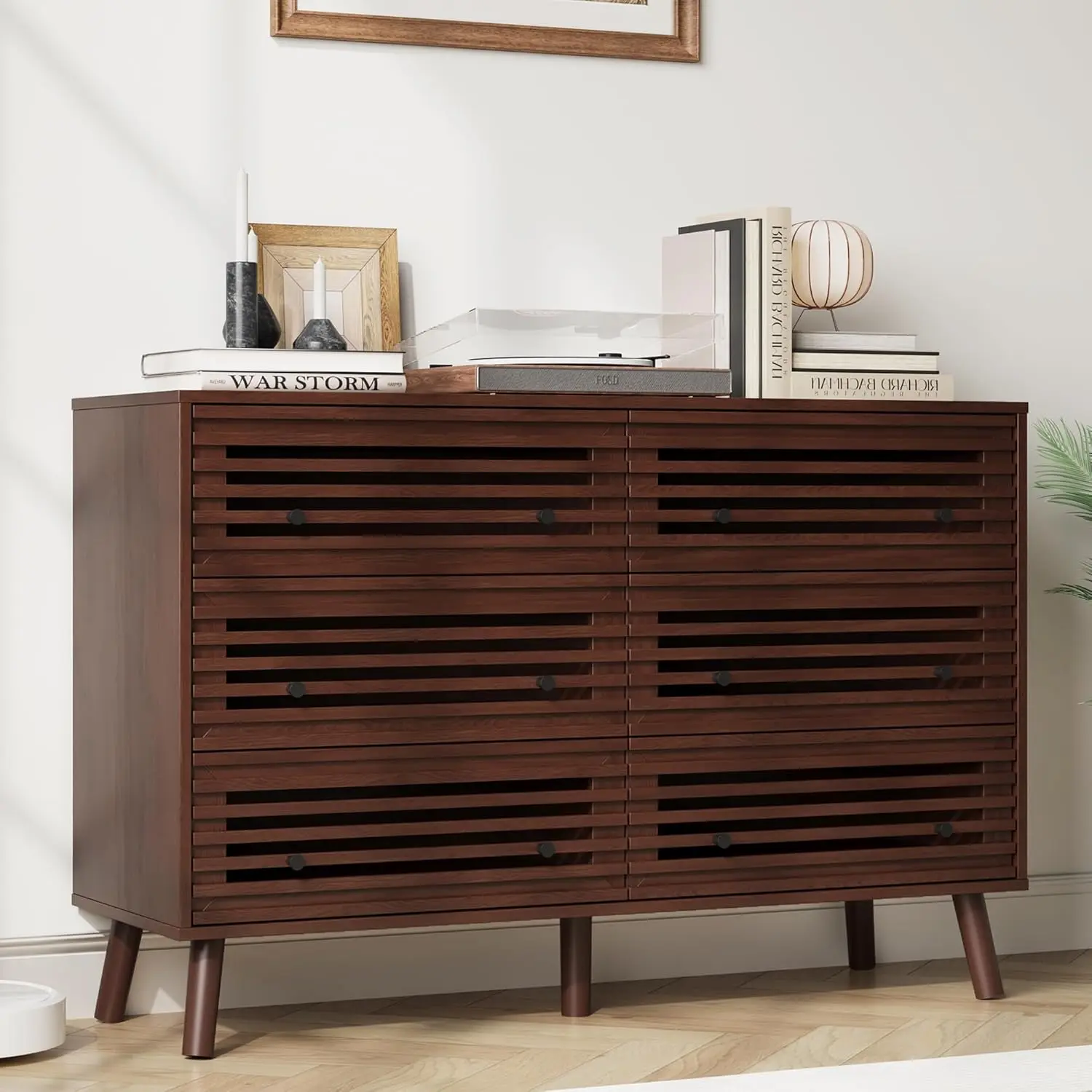 

47" Wide 6 Drawer Mid Century Modern Fluted Wood Dresser Organizer for Bedroom Living Room Hallway Closet Walnut, Customized
