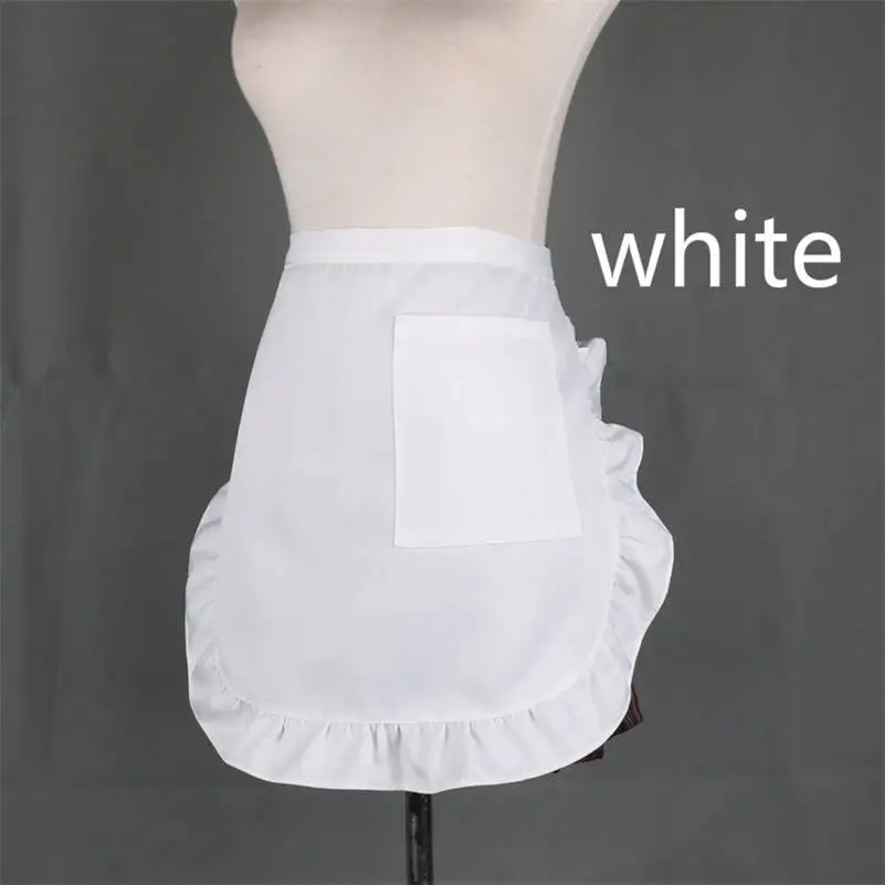 Solid Color Waterproof Half Short Waist Apron Women Cute Frilly Pockets Chef Cafe Server Waiter