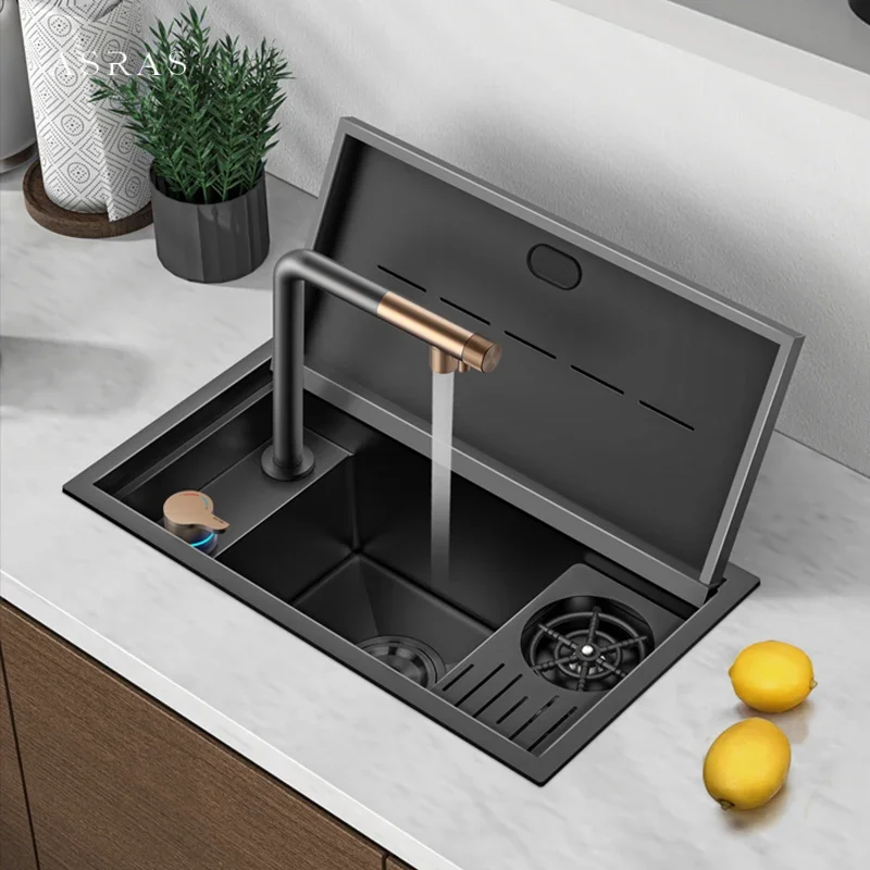 ASRAS New Nanometer Flip Cover Hidden Mini kitchen Sink 304 Stainless Steel Handmade Cup Rinser kitchen Island Sinks