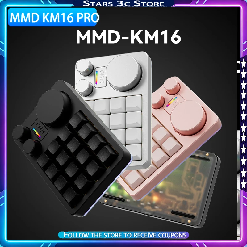 MMD KM16 Pro Mini Mechanical Keyboard with Three Knobs Supports Full Key Customization via VIA Keyboard for PS, Editing, Drawing