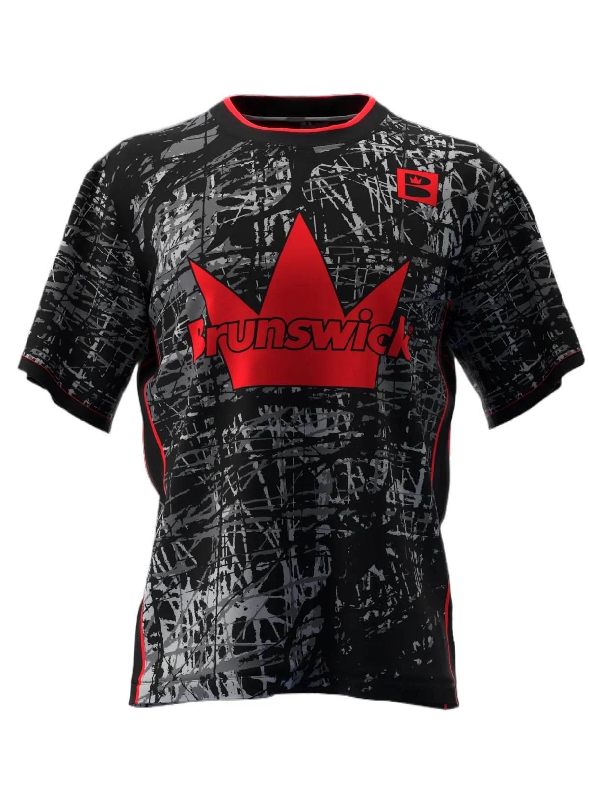 Short Sleeve Bowling Jersey with Black-gray Cracked Texture,striking Red Crown Graphic,rough Texture Strong Trendy Visual Impact
