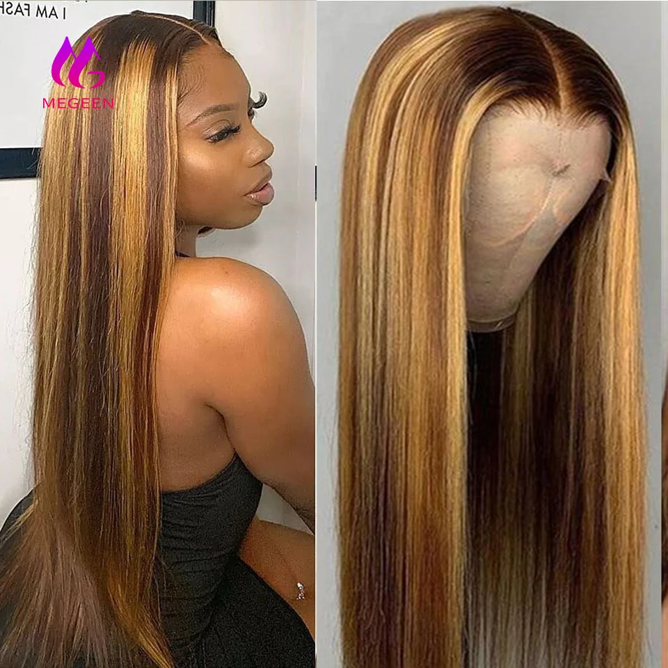 Megeen 100% Human Hair Highlight P427 Colored Straight 13X4 Lace Front Wig Human Hair Honey Blonde Pre Plucked  Lace Front Wig