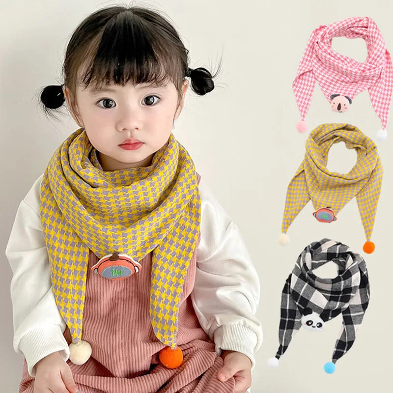 

Children's Scarves Girls Autumn and Winter Warm Double Cotton Scarf Kids Versatile Checked Baby Triangle Scarf