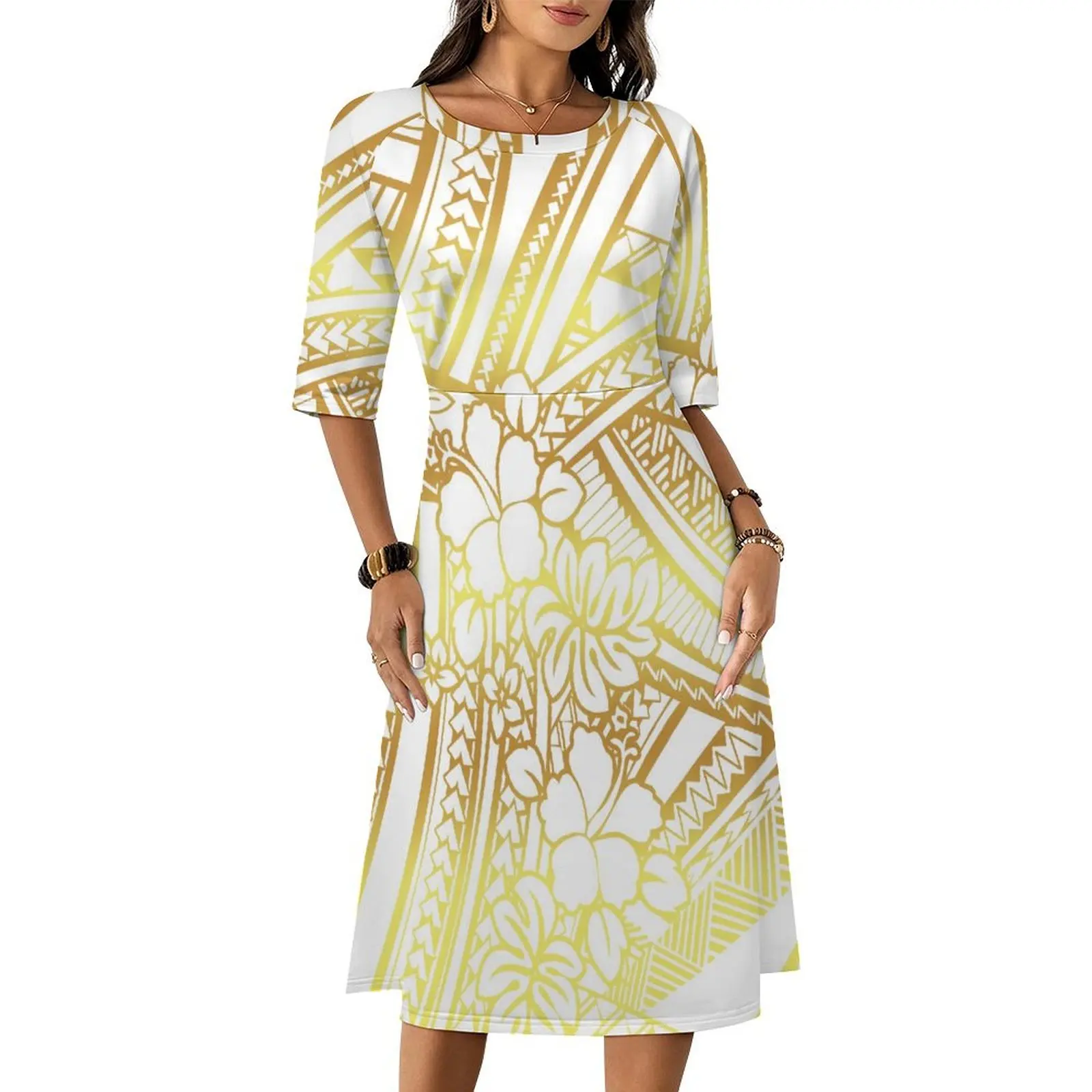 New Wholesale Custom Polynesian Tribal Hawaii Dress Women Lady Elegant O Neck   Plus Size Womens Dress