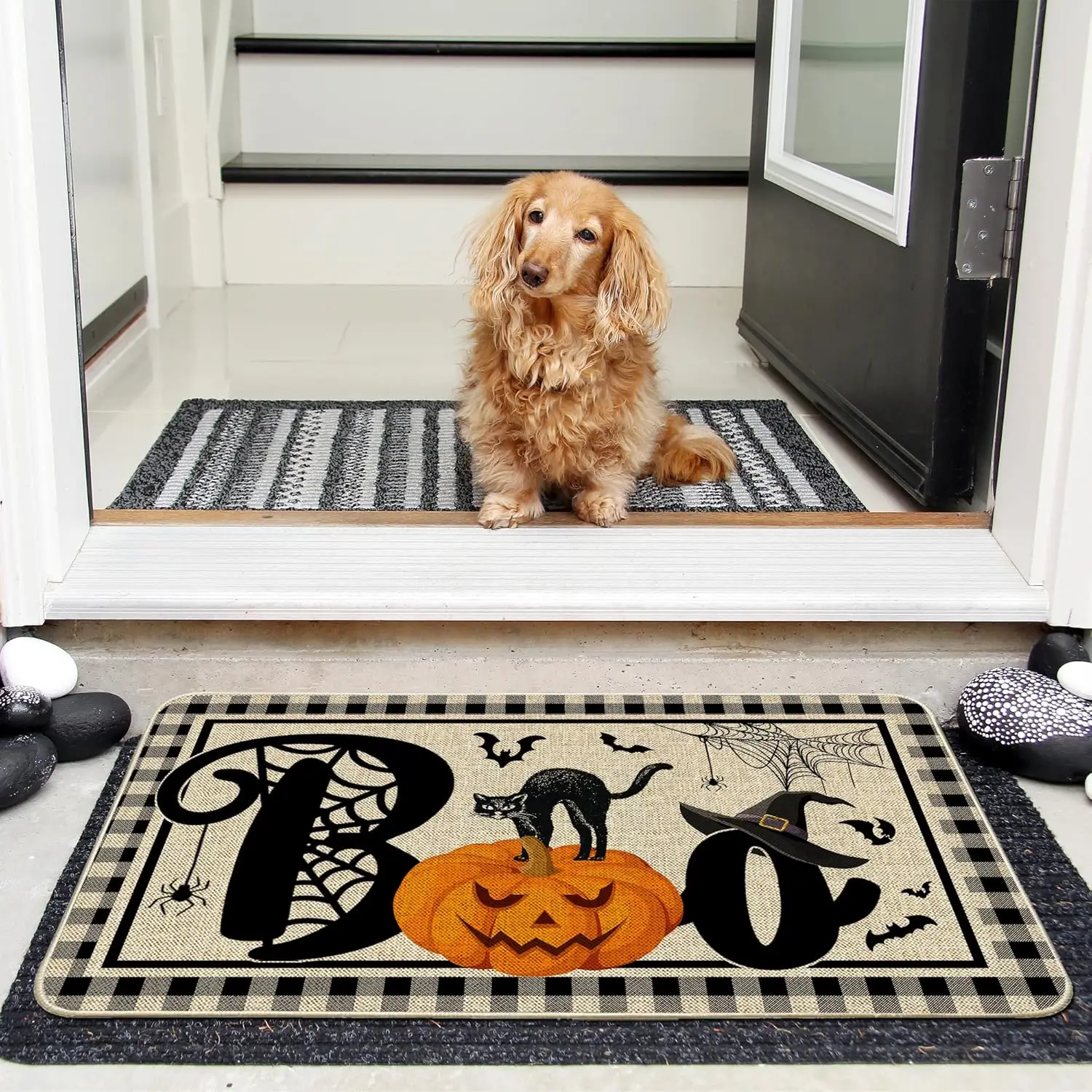 VIKAMA Halloween Eye-Closing Pumpkin Pattern Rug Living Room & Kitchen Stain-Resistant Comfortable Floor Mat Interior Decor