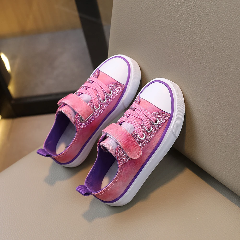 COMFY KIDS Girls Pink Purple Gradient Sequin Sweet Style Low Top Canvas Shoes Breathable Fabric Adjustable Strap All-Season Wear Party Casual Shoes