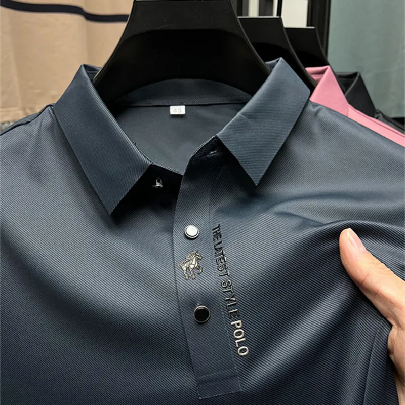 

Summer Business Casual High-End Quality Short Sleeve Polo Shirt Solid Color Ice Silk Elasticity Printing Lapel Collar Clothing