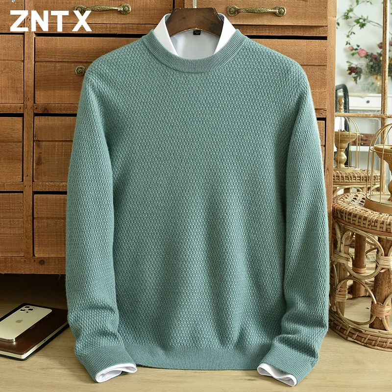 ZNTX new winter thickened pure cashmere sweater men's crewneck youth solid color casual jacquard pullover sweater large size