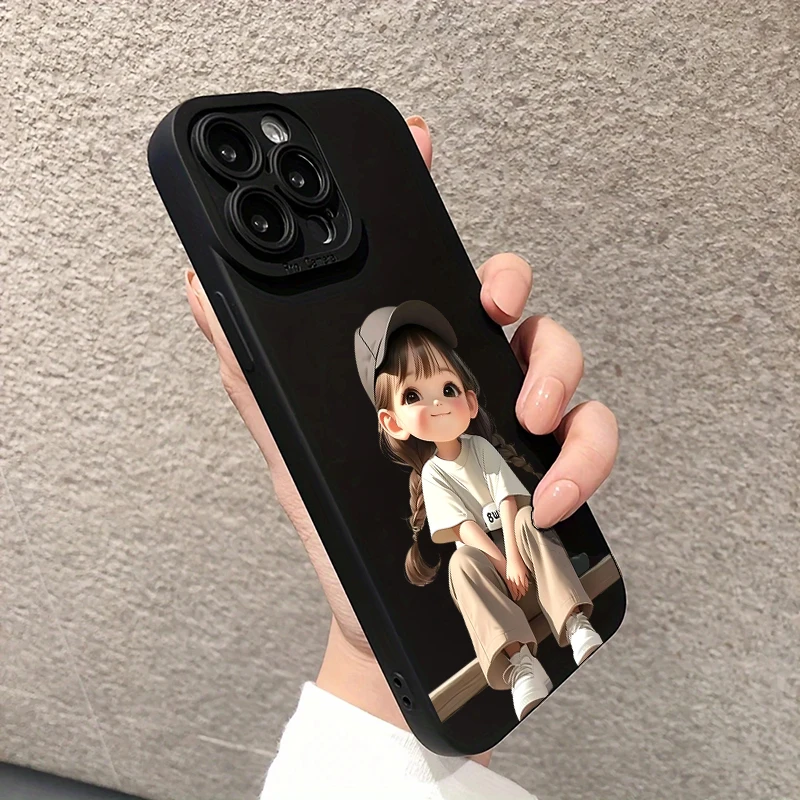 黒のダブルポニーテールの女の子のかわいいミニマリスト柄のスマホケース Xiaomi 14T 13T 12T Pro 11 Lite 5G 15 14 13用 ソフトバンパーカバー