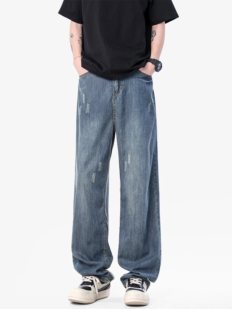 

WAINOT американские ретро летние крутые тонкие джинсовые джинсы мужские свободные прямые широкие брюки повседневные молодежные модные хлопковые брюки