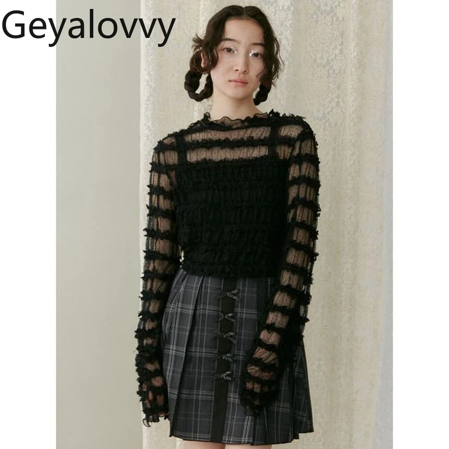 เสื้อยืดแขนยาวสไตล์ญี่ปุ่น ผ้าชีฟองยืดหยุ่นสูง แต่งระบายหวานๆ สำหรับผู้หญิง ใช้เป็นเสื้อตัวในได้หลากหลาย