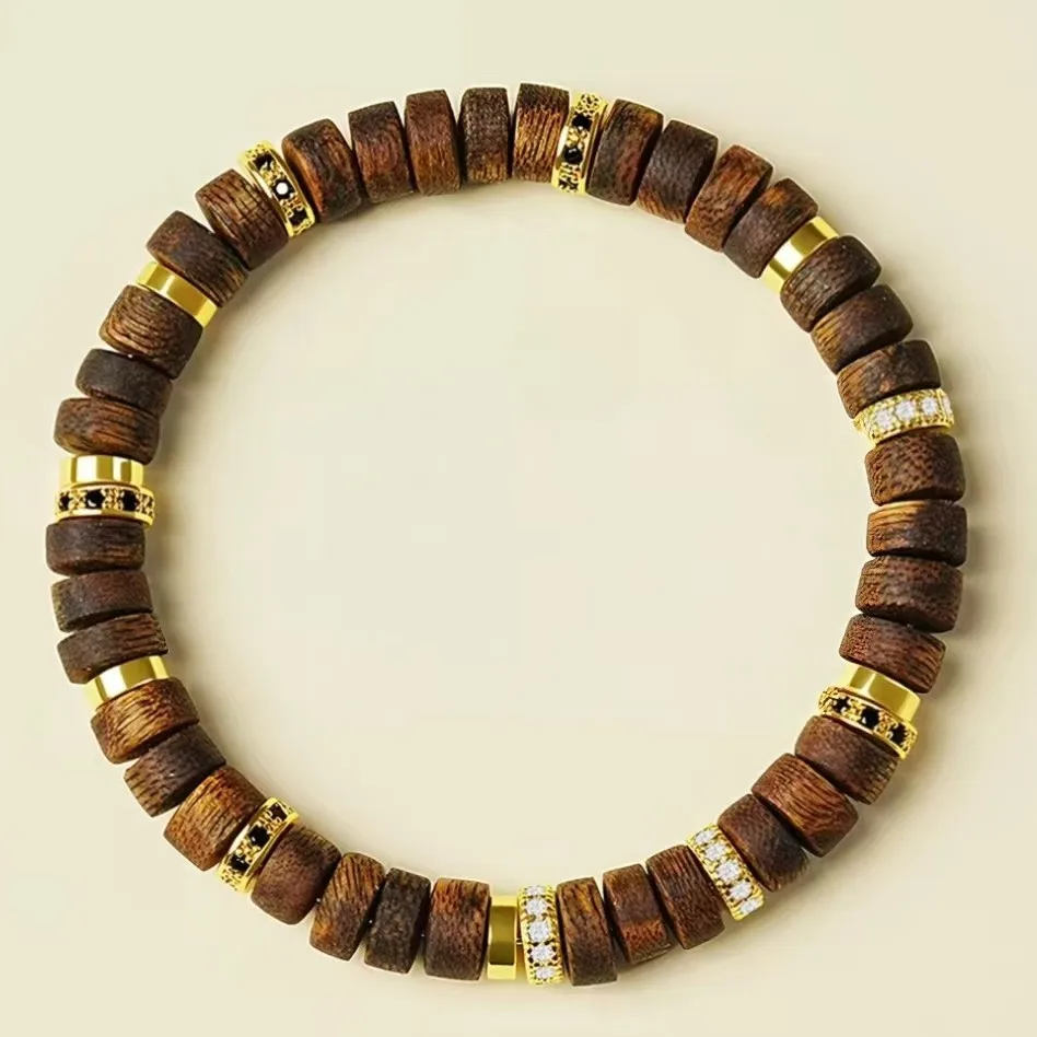 Chinese Style Lucky Agarwood Beaded Bracelet Natural Wood Abacus Bead Jade Inlaid Zircon Gold Plated Fortune Blessing Feng Shui