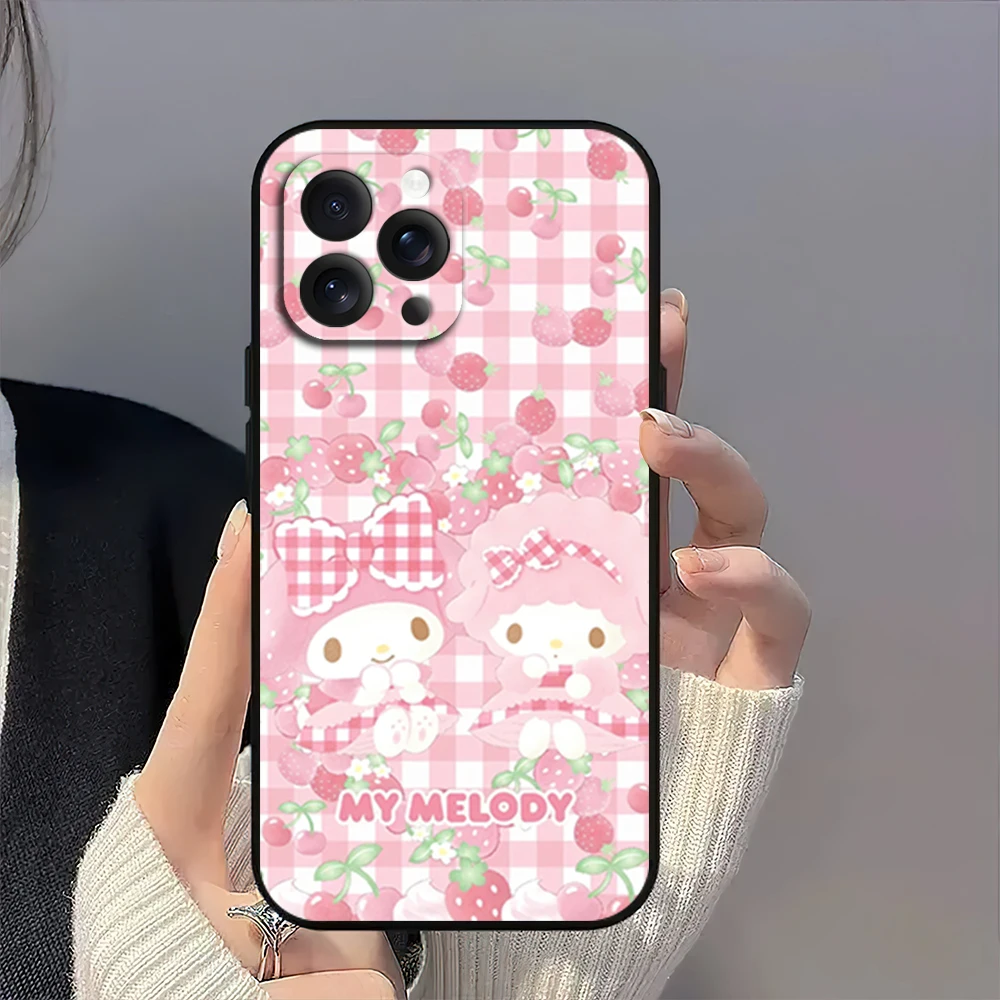 MINISO M-My Sweet P-Piano M-Melody kawaii Cute Phone Case for iPhone 12 11 14 15 13 16 Max Plus Pro Black Soft Silicone Cover