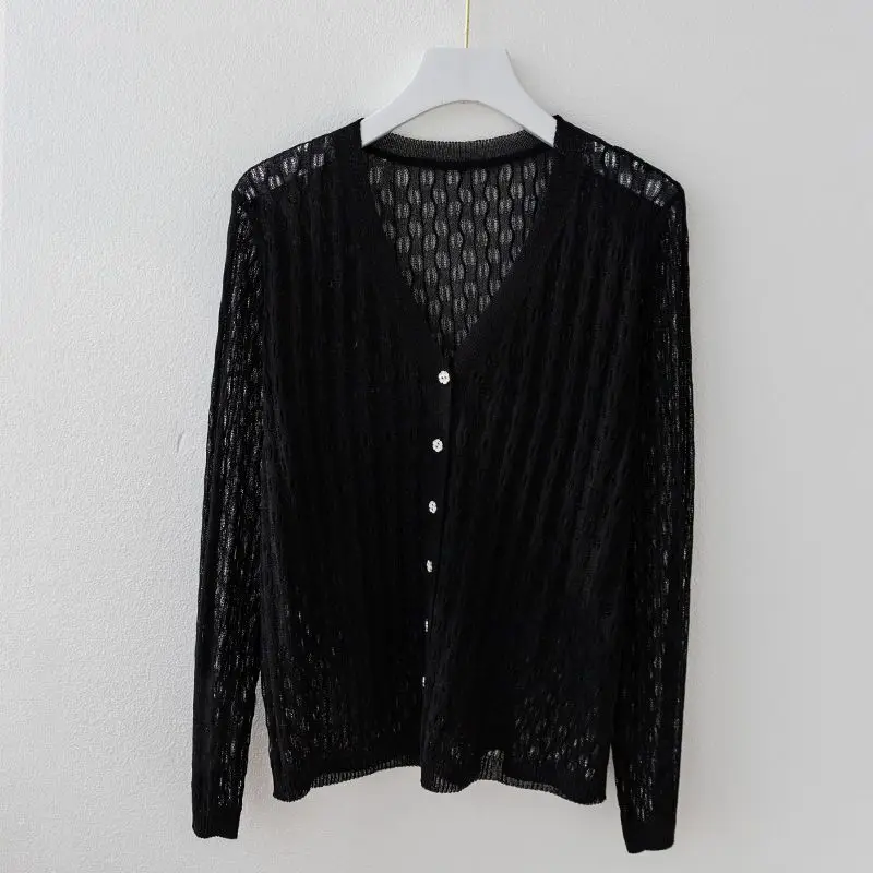 Korean Fashion Simple Summer New Hollow Out Solid Knitted Ice Silk V-neck Cardigan Button Women Loose Versatile Long Sleeve Top