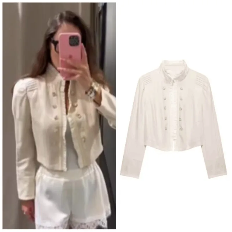 Women's Blazer Autumn New Stand Neck Long Sleeve Buttons Ruffles Coats Fashion Casual Female Short Outerwear Vintage Tops