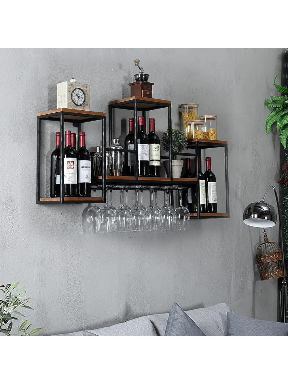 Wijnrek wandgemonteerde plank, industriële hangende flessendisplayopslag met houder, massief houten glazen houder plafond voor barcafé - afbeelding 2