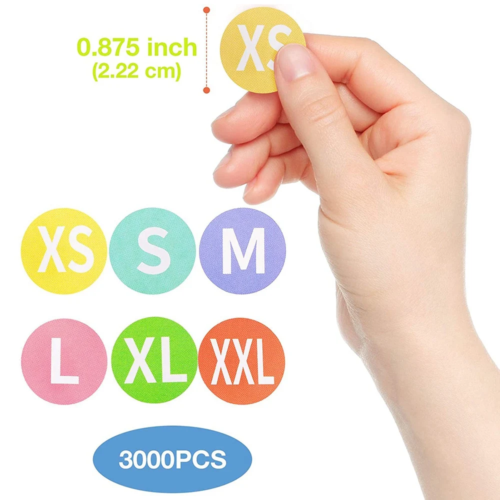 3000 Pcs Clothing Size Sticker Labels 2.5cm Colorful Coded Adhesive Labels Round Sticker Labels (XS, S, M, L, XL, XXL)