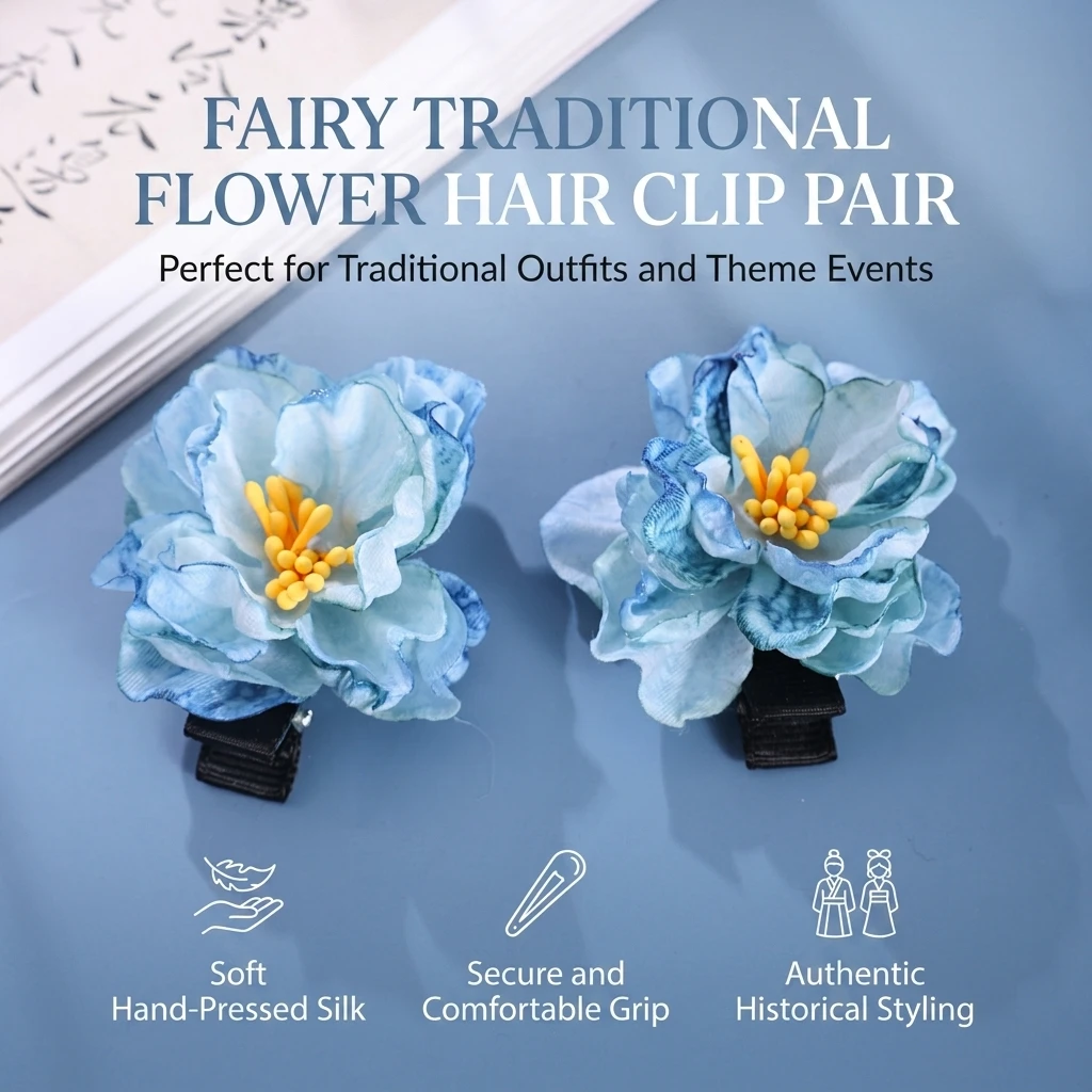 Vintage Floral Hair Clips 2Pcs Pink/Blue Flower Barrette for Women Hanfu Hairpins Cheongsam Photography Cosplay Hair Accessories