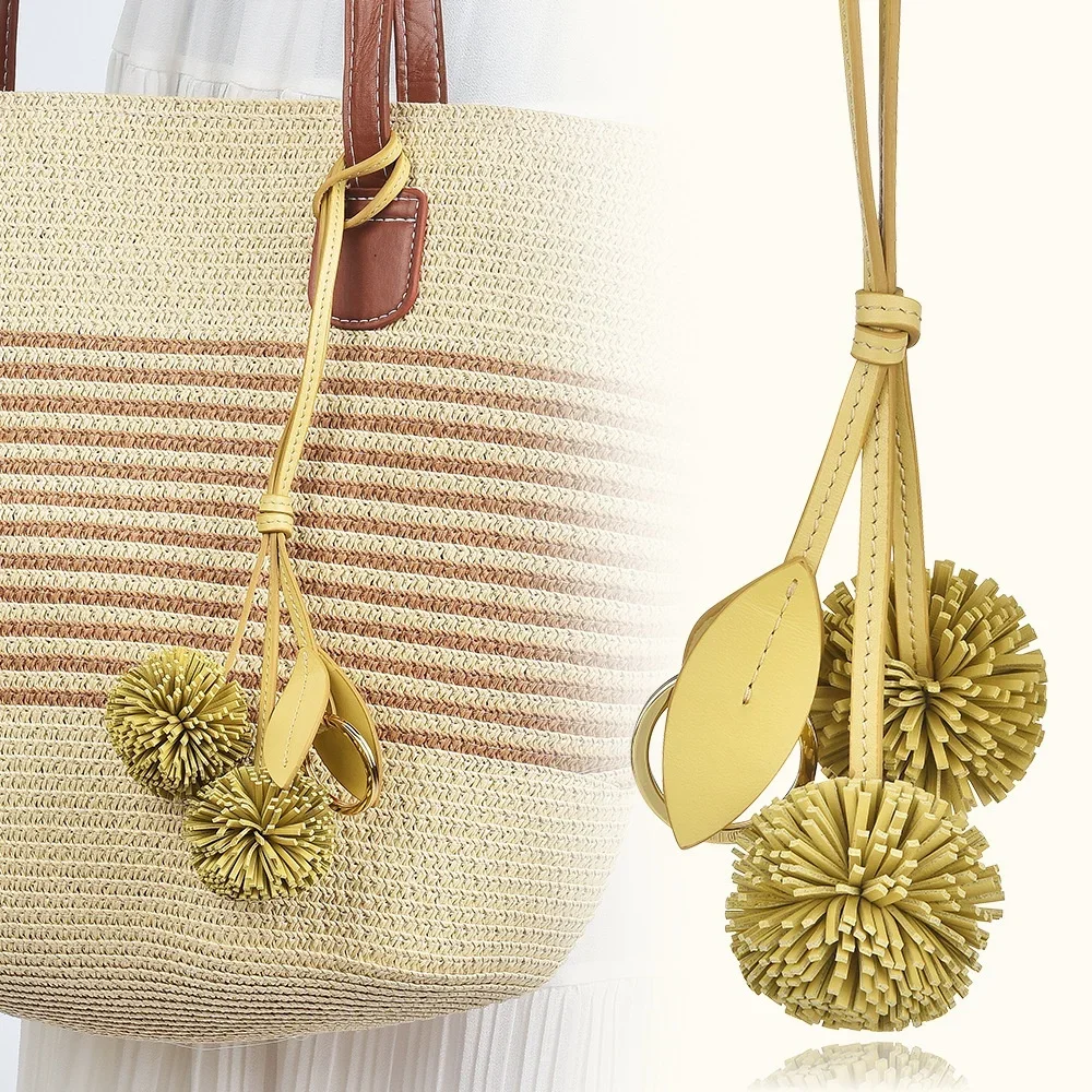 Pom Pom Bag Charm Yellow Leaf Keychain Purse Pendant Key Ring Accessory for Straw Tote Handbag Women Summer Beach Boho Chic Gift