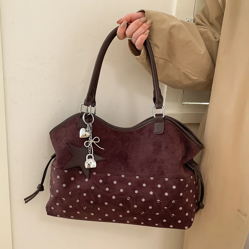 Merk Dames Schoudertas Y2k Mode Zoete Polka Dot Handtas Koreaanse Casual Veelzijdige Luipaardprint Bruin Frosted Tote Bags - afbeelding 1