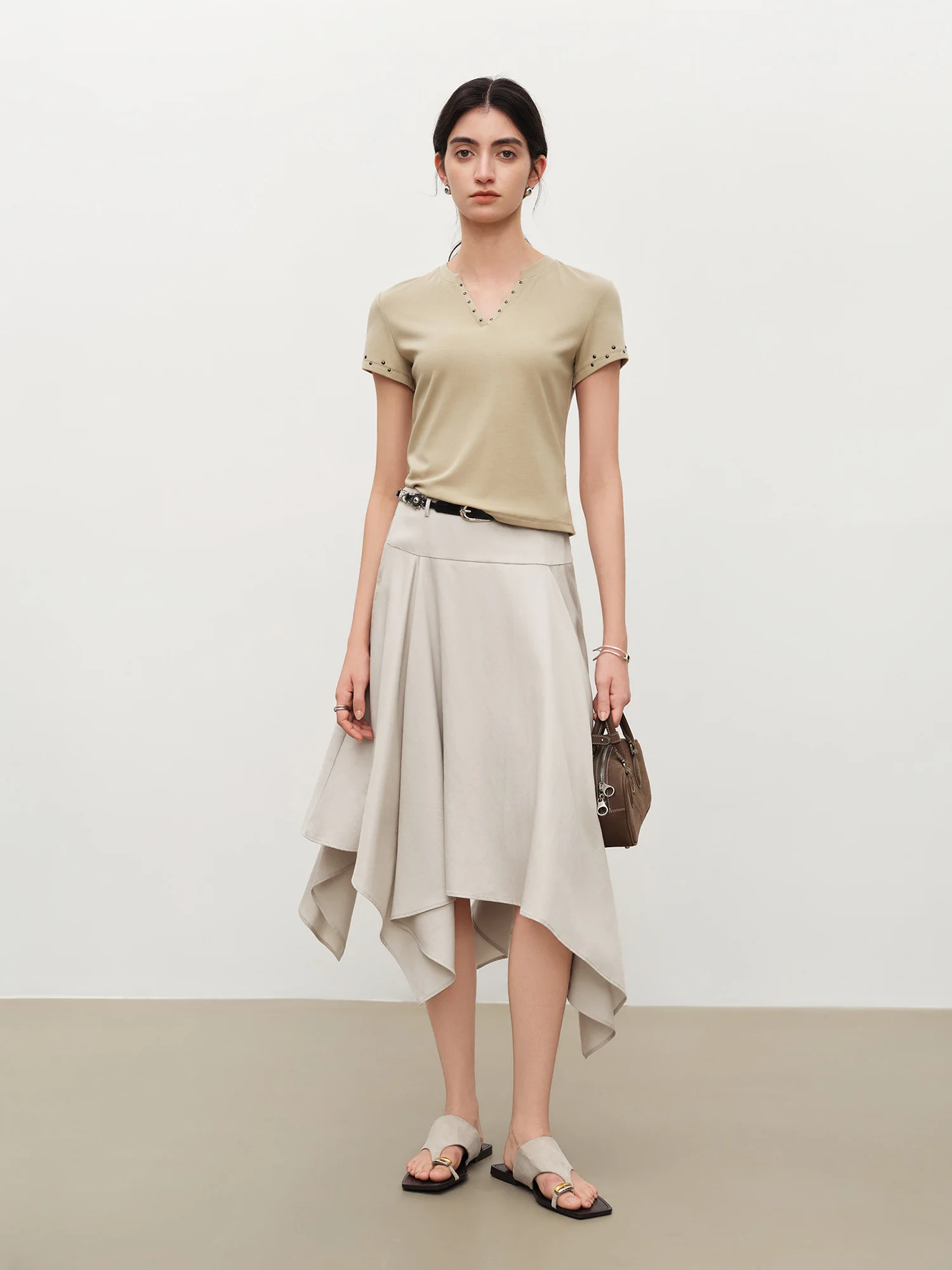 ZIQIAO 2026 Summer Women's Artistic-Inspired Asymmetric Hem A-Line Midi Skirt - Unique Design for Daily and Creative Outings