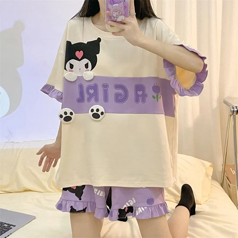 

Summer Kawaii Kuromi Anime Short-sleeved Shirt Pants Pajamas Cute Cartoon Round-neck Home Wear Clothes Gifts for Kids