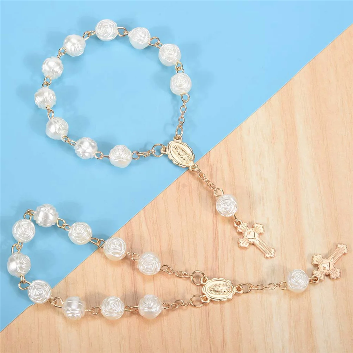 N87R 20Pcs Baptism Favors with Cross Mini Rosaries Acrylic Beads Bracelet Christening Communion Finger Rosarie Bracelet