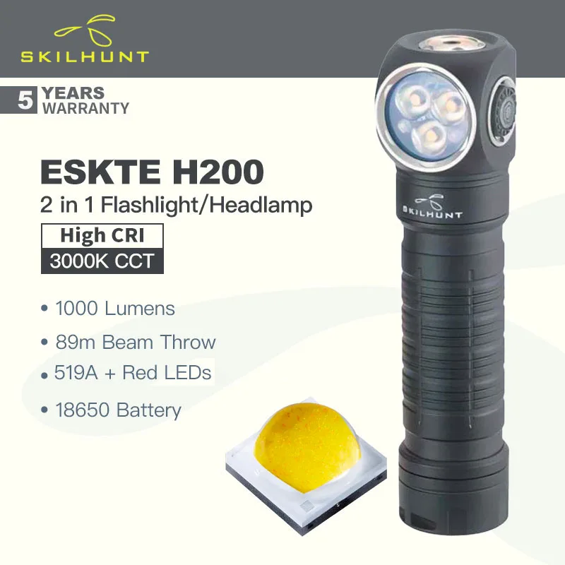 Skilhunt ESKTE H200 (High CRI Version, 3000K) 2 in 1 Headlamp/Flashlight, Multi-light Sources with Red Light, 1000 Lumens, 18650