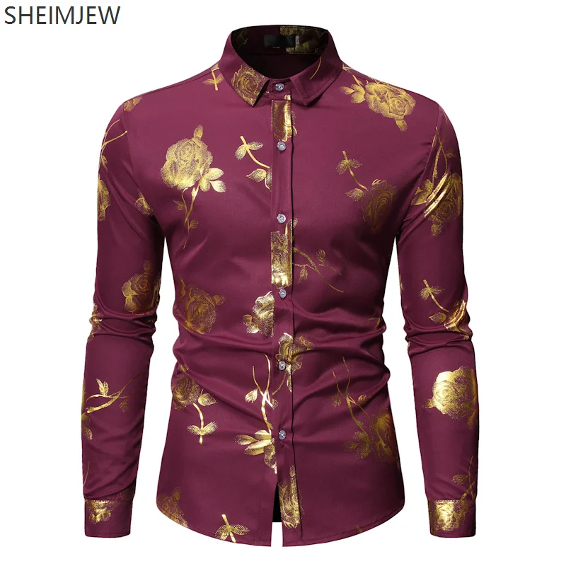 New Men's Gold Rose Floral Print Shirt Adult Floral Steampunk Petticoat White Long Sleeve Wedding Party Hot Stamping Camisole