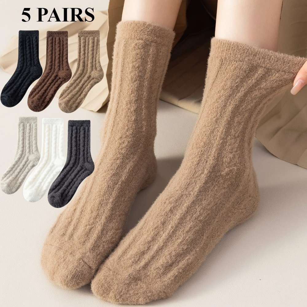 

5 пар толстых зимних носков, женские флисовые теплые нечеткие носки, синтетические кашемировые носки для экипажа, высокое качество, термостойкие носки для сна