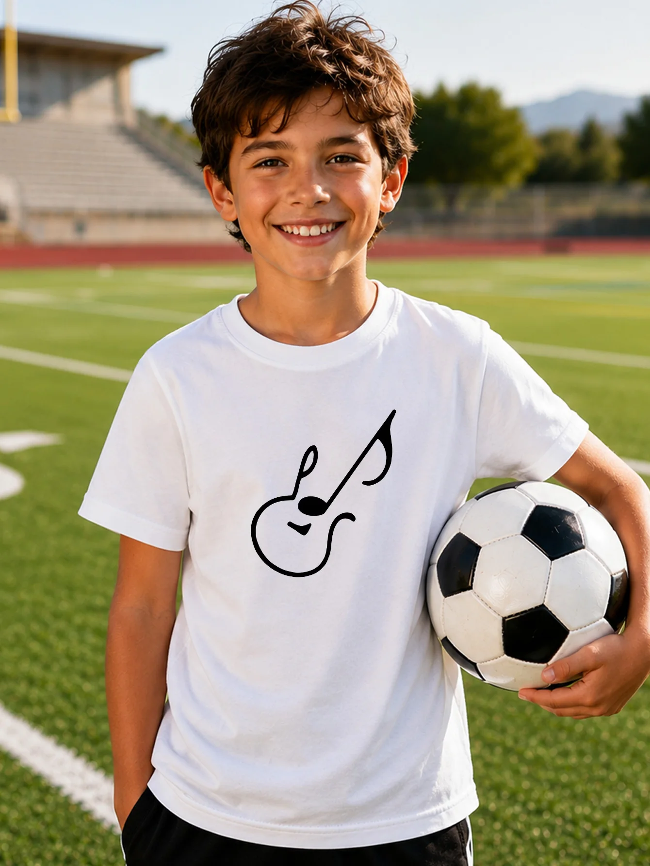 Music Note Guitar Line Drawing Print Boys Girls Family Matching Cotton Short Sleeve Crew Neck Soft Summer Kids Casual Tees